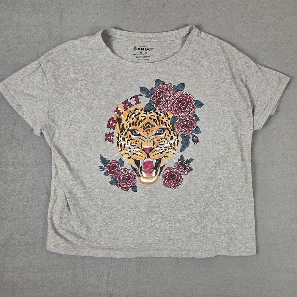 Ariat Shirt Womens XL Gray Tiger Roses Sequins Short‎ Sleeve Boxy Tee Top